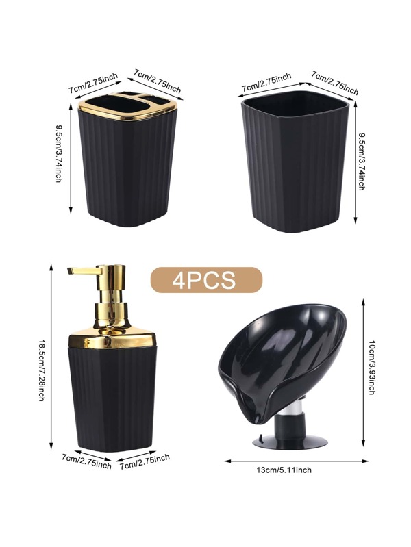 4pcs Lotion Dispenser & Soap Dish & Gargle Cup Set, Black Simple Bath