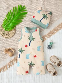 嬰兒卡通圖案撞色滾邊連身短褲和帽 - 杏色 - 查看 1