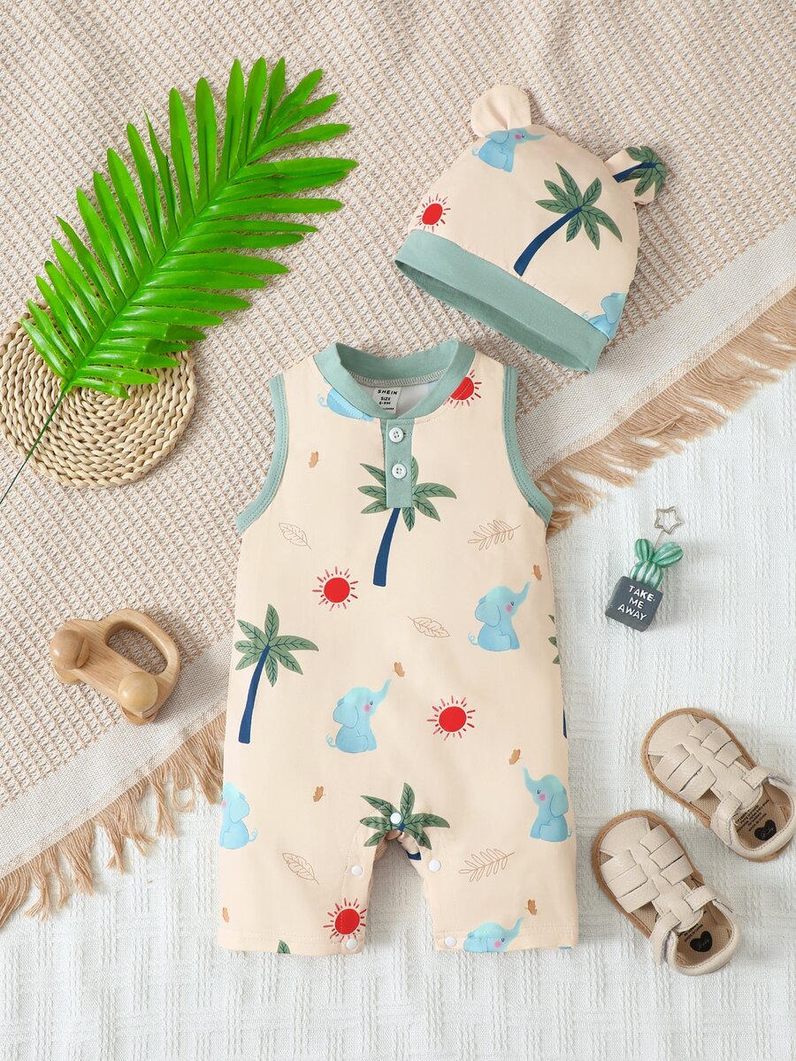 嬰兒卡通圖案撞色滾邊連身短褲和帽 - 杏色 - 查看 1