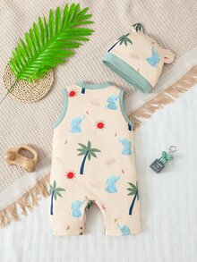 嬰兒卡通圖案撞色滾邊連身短褲和帽 - 杏色 - 查看 2