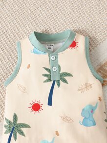 嬰兒卡通圖案撞色滾邊連身短褲和帽 - 杏色 - 查看 4