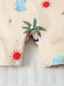 嬰兒卡通圖案撞色滾邊連身短褲和帽 - 杏色 - 查看 6