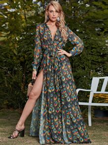 Missord 滿版印花高衩繫腰帶連衣裙 - 彩色 - 查看 1