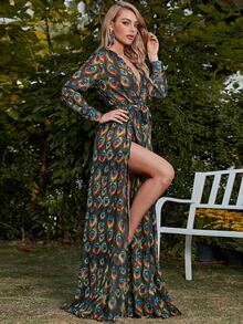 Missord 滿版印花高衩繫腰帶連衣裙 - 彩色 - 查看 2