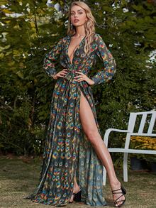 Missord 滿版印花高衩繫腰帶連衣裙 - 彩色 - 查看 6