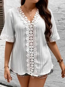 SHEIN LUNE 大碼拼接水溶蕾絲襯衫 - 白色 - 查看 1