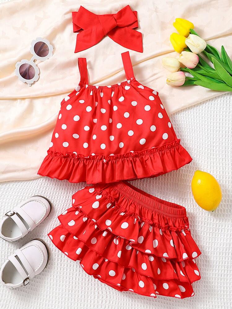 Baby Polka Dot Print Cami Top & Layered Ruffle Skort & Headband - Red - View 1