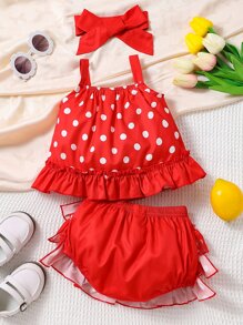 Baby Polka Dot Print Cami Top & Layered Ruffle Skort & Headband - Red - View 2