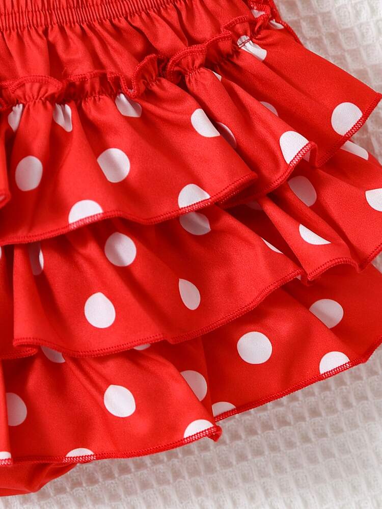Baby Polka Dot Print Cami Top & Layered Ruffle Skort & Headband - Red - View 3