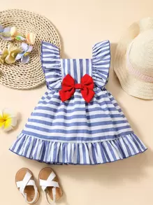 Souflis Souflis 嬰兒女童條紋蝴蝶結前綁帶荷葉邊裙子 - 藍白色 - 查看 1