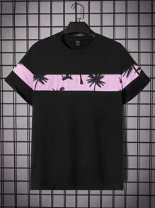 Manfinity VCAY 男款T卹，合身領口短袖圖形T恤，棕櫚樹休閒時尚男裝夏季衣服 - 黑色 - 查看 2