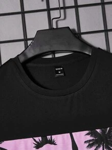 Manfinity VCAY 男款T卹，合身領口短袖圖形T恤，棕櫚樹休閒時尚男裝夏季衣服 - 黑色 - 查看 4