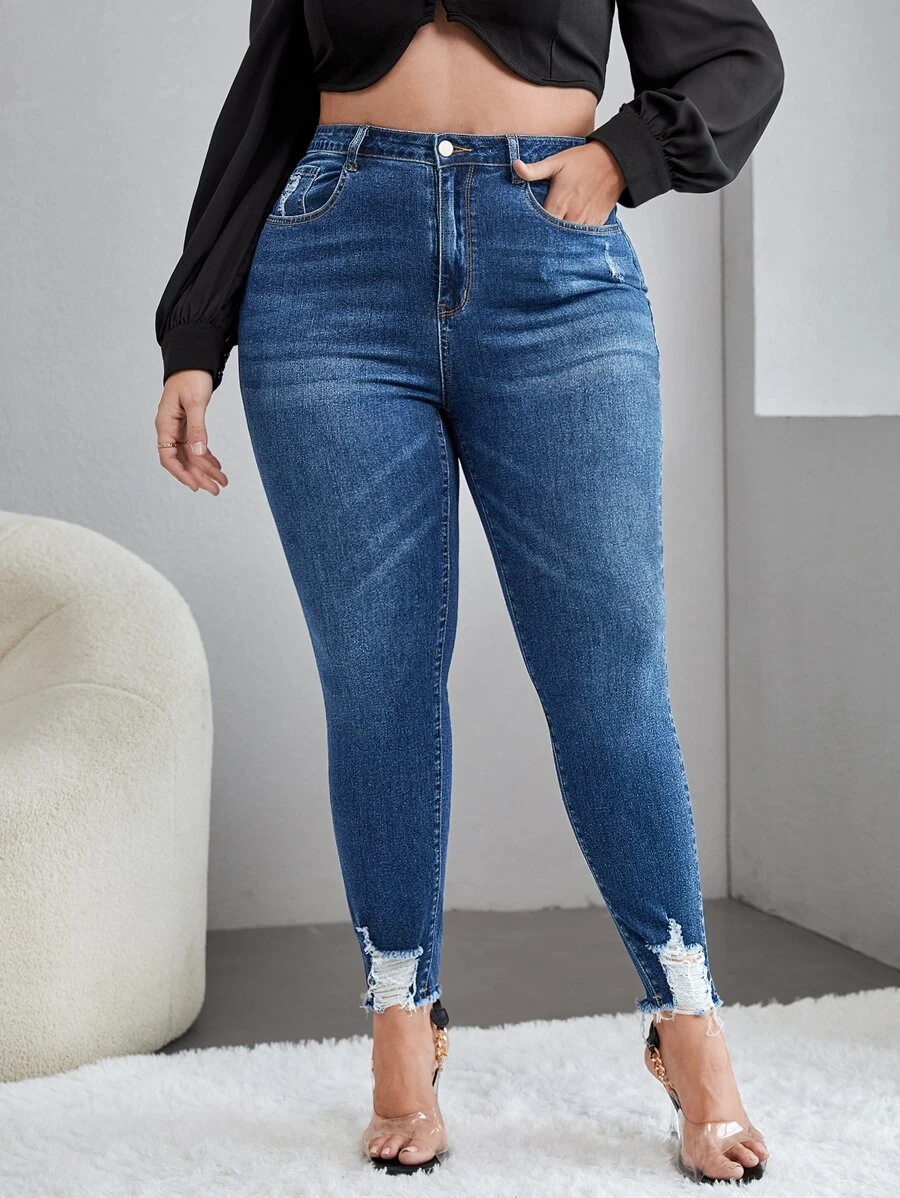 SHEIN Essnce Plus High Waist Ripped Raw Cut Skinny Jeans - Medium Wash - View 1