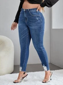 SHEIN Essnce Plus High Waist Ripped Raw Cut Skinny Jeans - Medium Wash - View 3