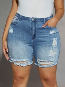 SHEIN SXY 大碼高腰破洞毛邊牛仔短褲 - 中等水洗藍 - 查看 1