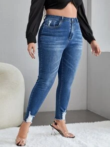 SHEIN Essnce Plus High Waist Ripped Raw Cut Skinny Jeans - Medium Wash - View 4
