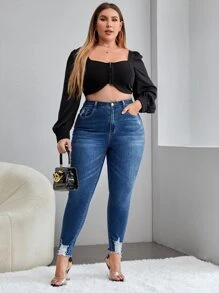 SHEIN Essnce Plus High Waist Ripped Raw Cut Skinny Jeans - Medium Wash - View 5