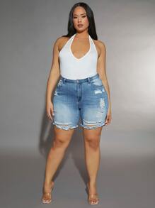 SHEIN SXY 大碼高腰破洞毛邊牛仔短褲 - 中等水洗藍 - 查看 4