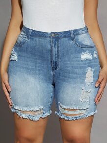 SHEIN SXY 大碼高腰破洞毛邊牛仔短褲 - 中等水洗藍 - 查看 5