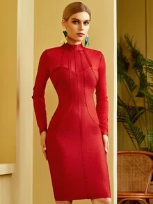 Mock Neck Seam Detail Zip Back Dress - Red - View 3