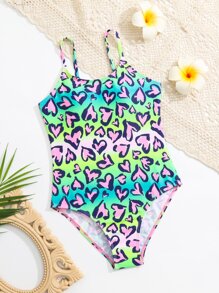 Tween Girl Heart Print One Piece Swimsuit - Multicolor - View 1