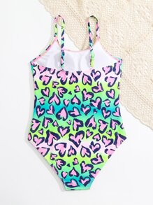 Tween Girl Heart Print One Piece Swimsuit - Multicolor - View 2