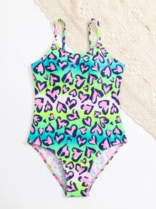 Tween Girl Heart Print One Piece Swimsuit - Multicolor - View 5