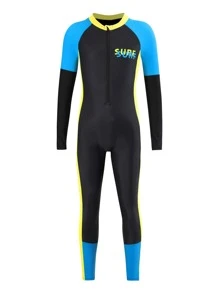 Tween Boy Letter Graphic Colorblock Zip Front One Piece Swimsuit - Black - View 1