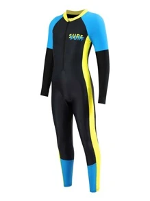 Tween Boy Letter Graphic Colorblock Zip Front One Piece Swimsuit - Black - View 3