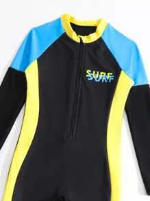 Tween Boy Letter Graphic Colorblock Zip Front One Piece Swimsuit - Black - View 4