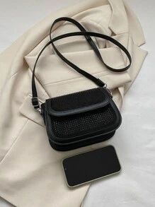 Bolsa cuadrada mini con diseño de diamante de imitación con solapa - Negro - Ver 8