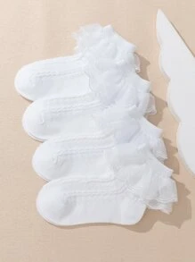 4pairs Girls' Mesh Lace Solid Color Fashionable All-Match Short Socks With Double Ruffle Trim, For Medium & Large Size - White - View 2