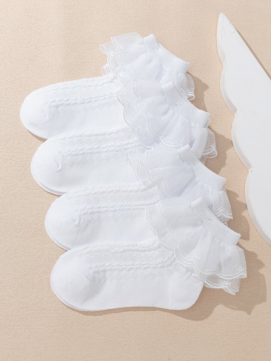 4pairs Girls' Mesh Lace Solid Color Fashionable All-Match Short Socks With Double Ruffle Trim, For Medium & Large Size