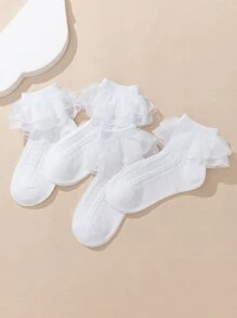 4pairs Girls' Mesh Lace Solid Color Fashionable All-Match Short Socks With Double Ruffle Trim, For Medium & Large Size - White - View 3