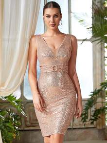 Contrast Mesh Sequin Bodycon Dress - Champagne - View 3