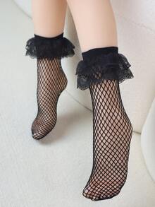 Niñas 2 pares Calcetines de tripulación ribete con fruncido de malla - Multicolor - Ver 2