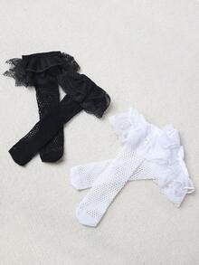 Niñas 2 pares Calcetines de tripulación ribete con fruncido de malla - Multicolor - Ver 5