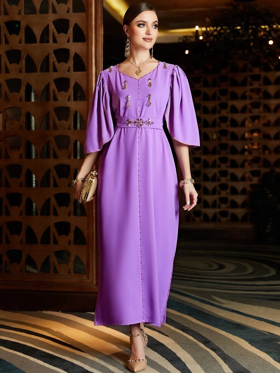 Al Najma 水鑽細節下擺開叉連衣裙不附腰帶 - 紫色 - 查看 1