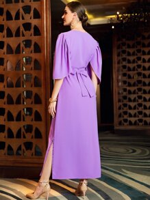 Al Najma 水鑽細節下擺開叉連衣裙不附腰帶 - 紫色 - 查看 2