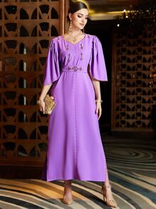 Al Najma 水鑽細節下擺開叉連衣裙不附腰帶 - 紫色 - 查看 5