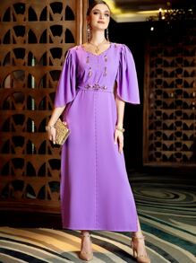 Al Najma 水鑽細節下擺開叉連衣裙不附腰帶 - 紫色 - 查看 6