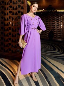 Al Najma 水鑽細節下擺開叉連衣裙不附腰帶 - 紫色 - 查看 8