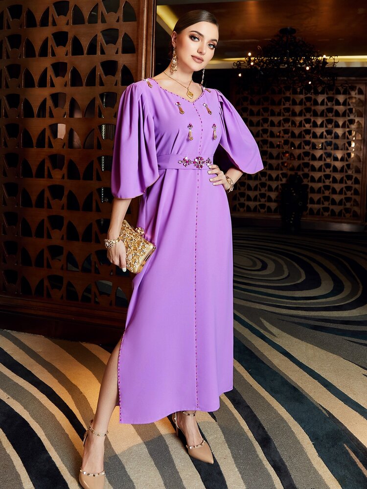 Al Najma Kaftan & Jalabiya Pha lê kim cương Chia Buộc lại Dây kéo màu trơn Thanh lịch - Màu tím - Xem 8