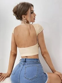 SHEIN Essnce Áo thun nữ Lộ Lưng màu trơn Gợi cảm - Màu be - Xem 1