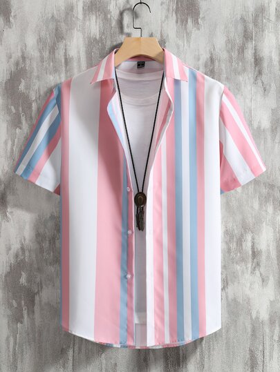 Camicia casual da uomo a maniche corte con colletto, senza maglietta, con stampa grafica a righe, da indossare per uscire