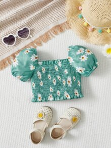 SHEIN 嬰兒女孩花卉印花襯衫,泡泡袖綁縛胸衣 - 綠色 - 查看 1