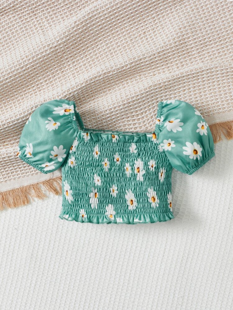 SHEIN Đứa bé gái In hoa Ống tay áo Đập Áo nịt ngực Áo sơ mi - màu xanh lá - Xem 2