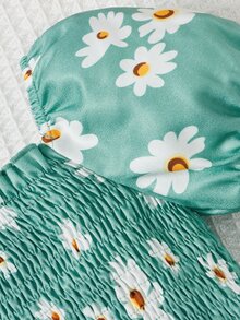 SHEIN 嬰兒女孩花卉印花襯衫,泡泡袖綁縛胸衣 - 綠色 - 查看 3