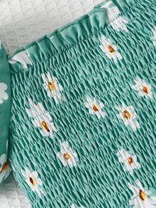 SHEIN 嬰兒女孩花卉印花襯衫,泡泡袖綁縛胸衣 - 綠色 - 查看 4