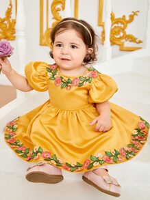 SHEIN 嬰兒女裝花卉刺繡貼片泡泡袖連身裙 - 芥末黃 - 查看 2